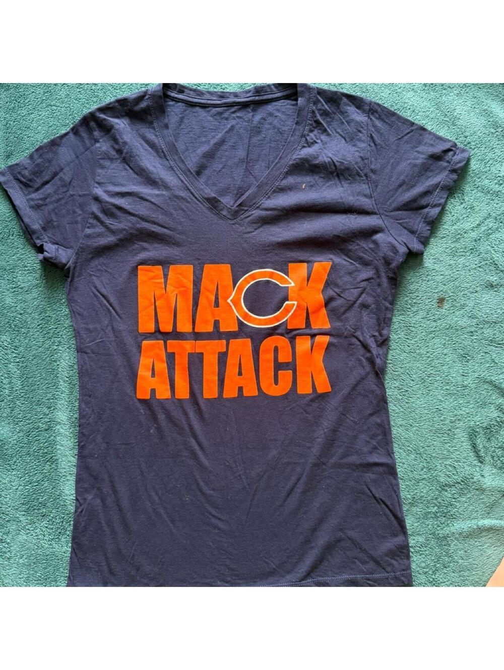 Mack Attack Navy Blue V-Neck T-Shirt with Orange Print